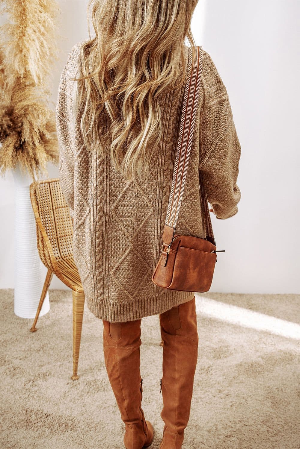 image-Oatmeal Cable Knit Drop Shoulder Loose Fit Sweater Dress