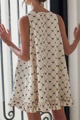 image-White Bow Checker Pearled Buttons Ruffled Mini Dress