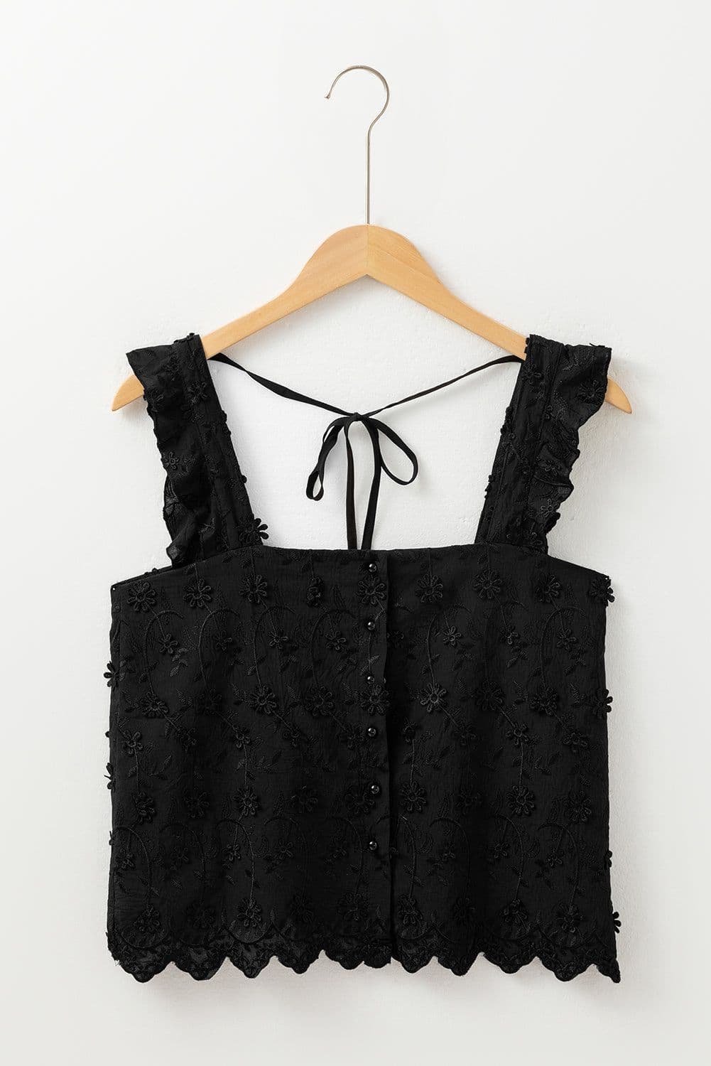 image-Black Floral Embroidered Buttoned Tank Top
