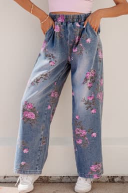 image-Blue Floral Print Elastic Waist Casual Jeans (50 characters)