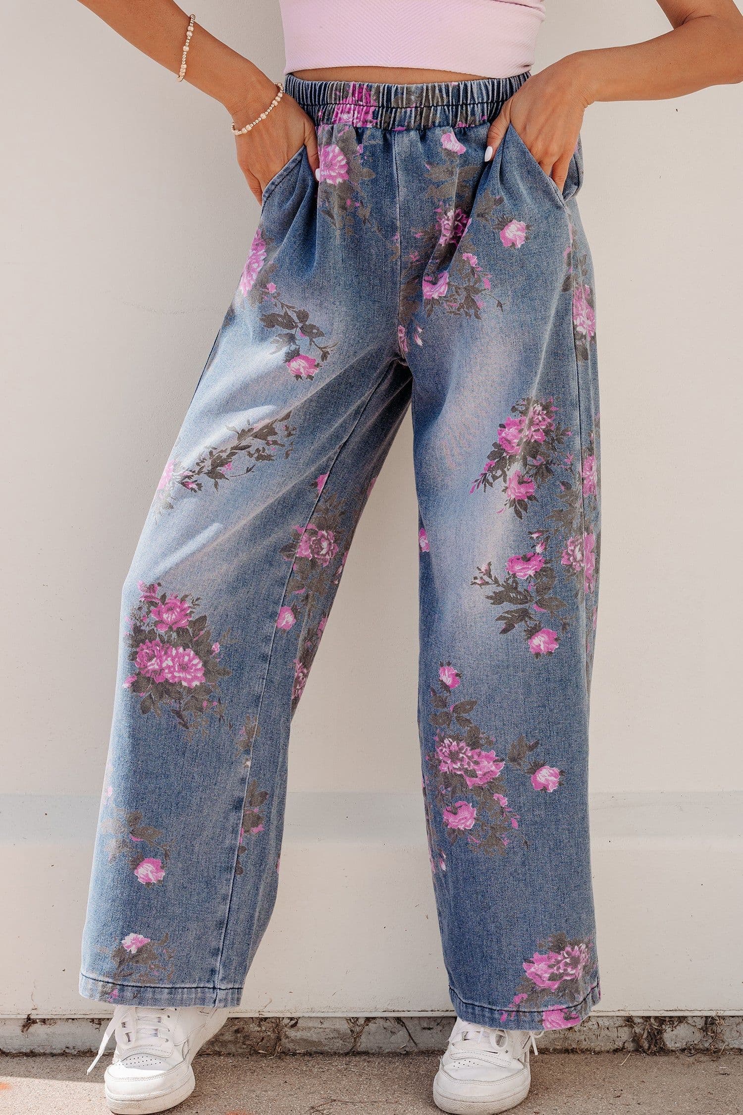 image-Blue Floral Print Elastic Waist Casual Jeans (50 characters)