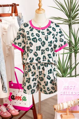 image-Brown Unique Leopard Print Contrast Trim Top Loose 2pcs Short Set