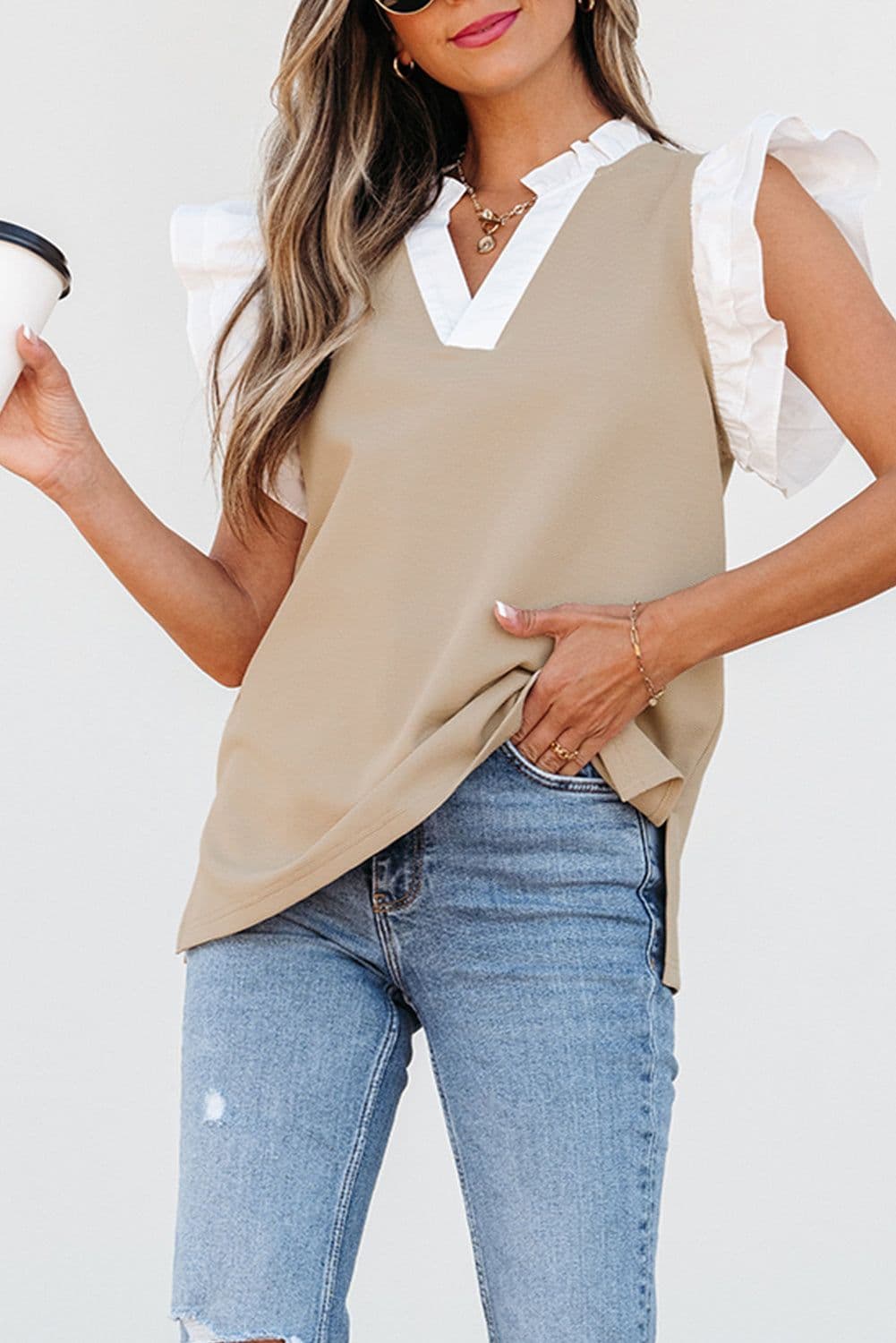 image-Pale Khaki Contrast V Neck Ruffled Knit Top