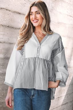 image-Gray Stripe Half Button Gauze Patchwork Bracelet Blouse