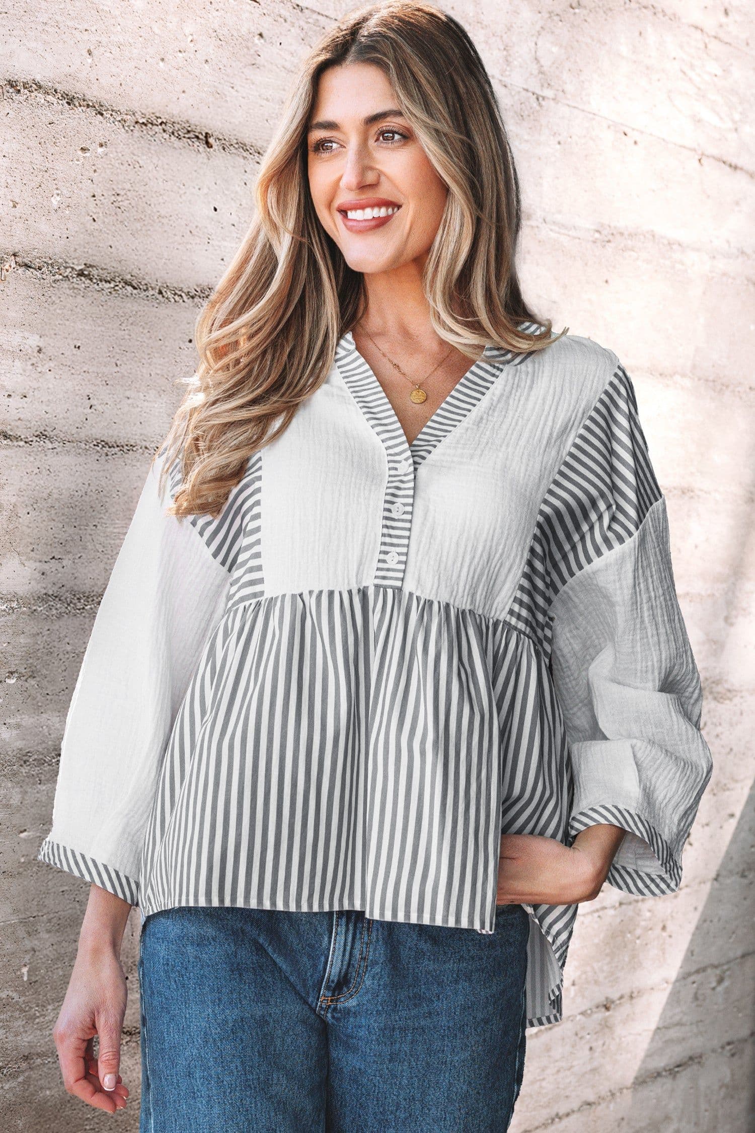 image-Gray Stripe Half Button Gauze Patchwork Bracelet Blouse