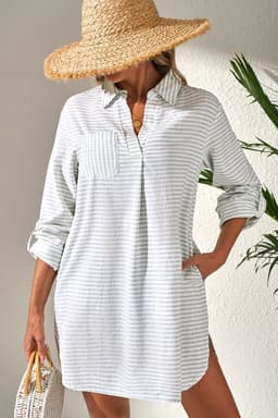 image-White V-Neck Beach Cover Up with Stripe Collar & Long Sleeves - Sizes S-2XL