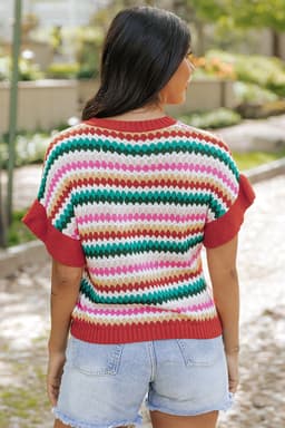 image-Fiery Red Trimmed Ruffle Sleeve Colorful Textured Sweater