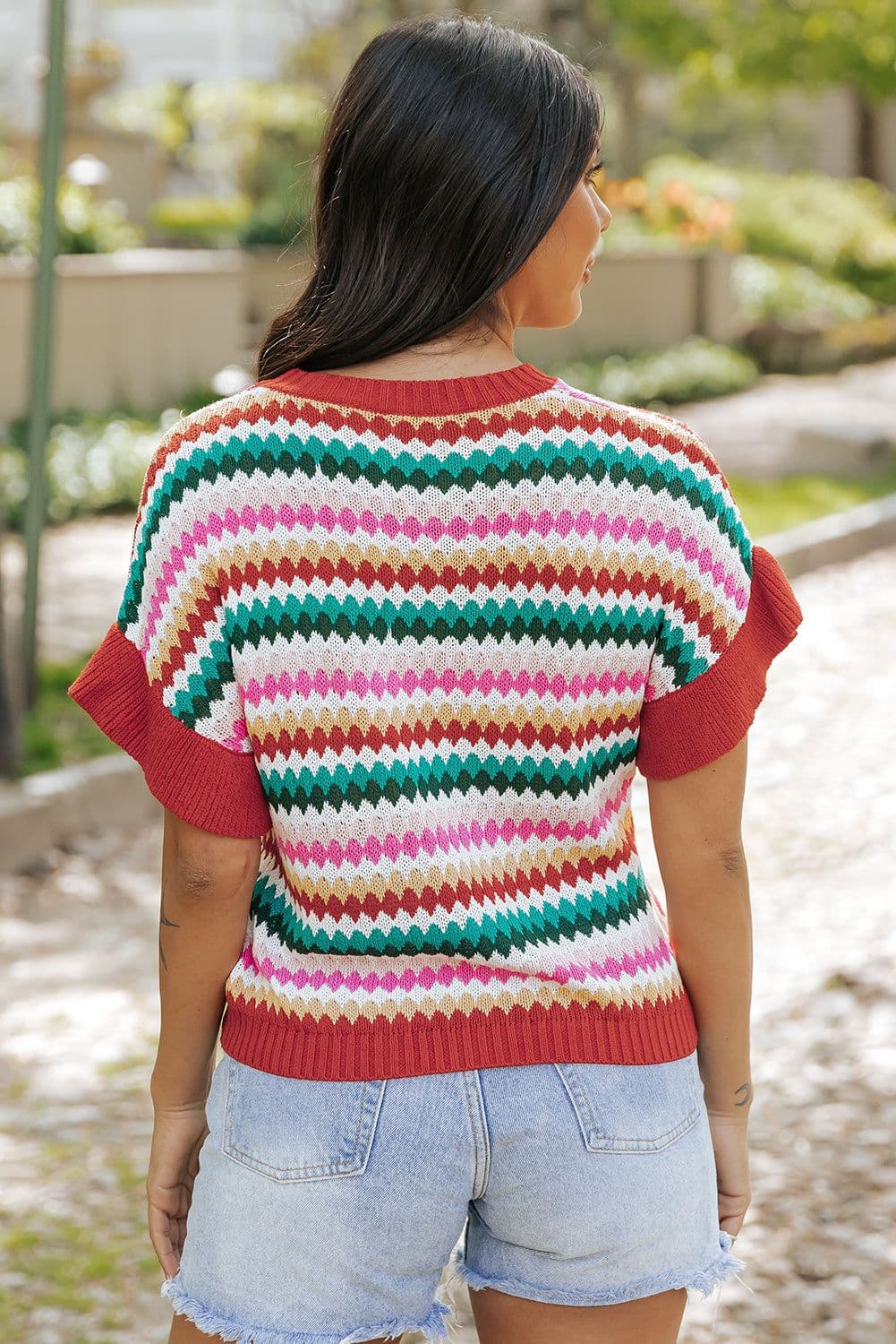 image-Fiery Red Trimmed Ruffle Sleeve Colorful Textured Sweater