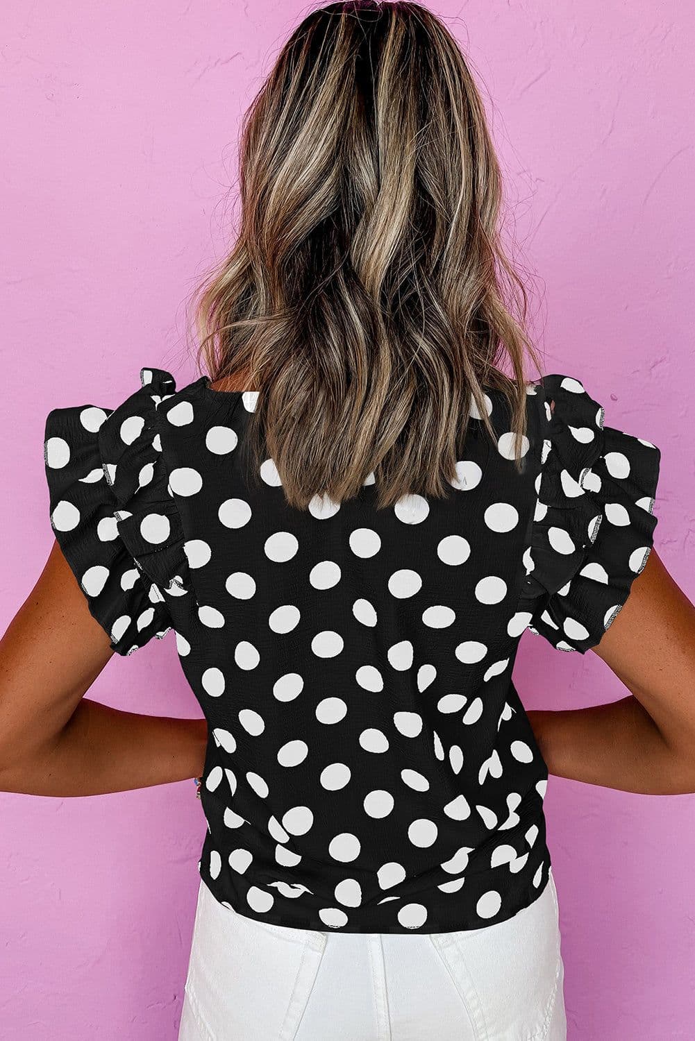 image-Polka Dot Ruffled Sleeve V-Neck Blouse - White