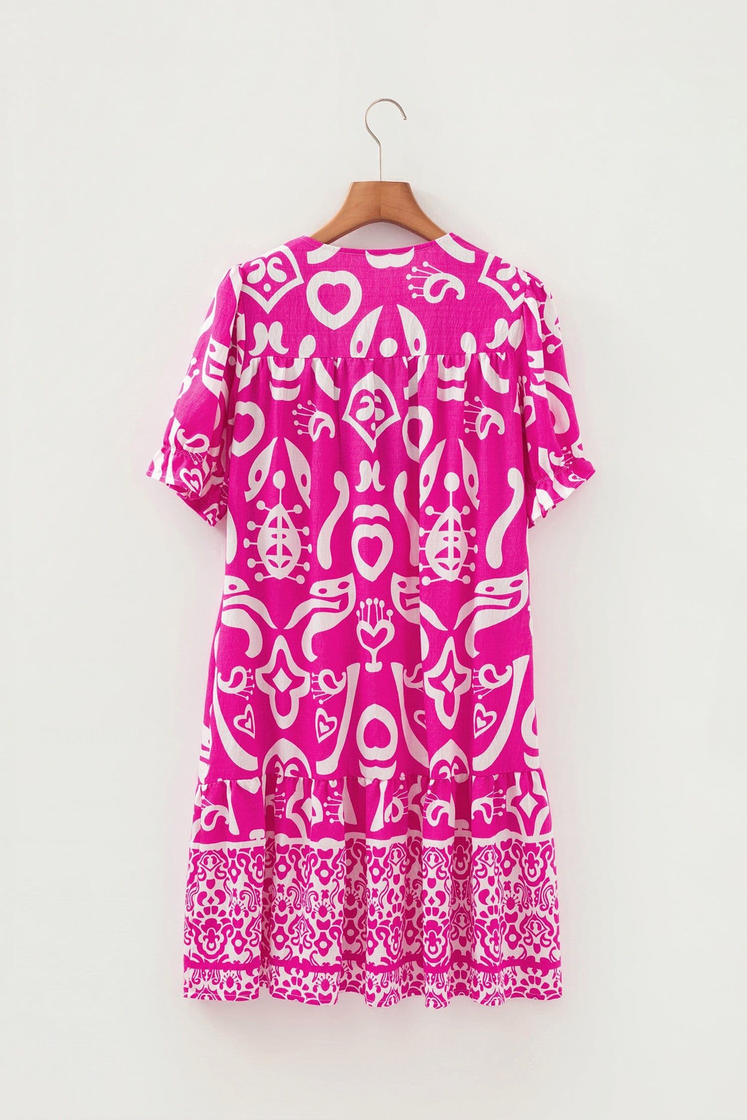 image-Boho Mixed Print V Neck Flared Dress - Short Sleeve - Contrast Trim