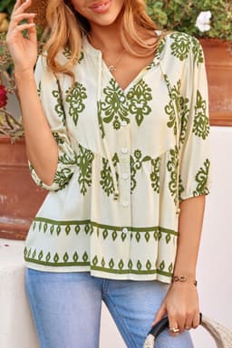 image-Apricot Floral Print Tie V Neck Puffy Shirt