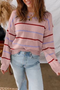 image-Pink Stripe Ribbed Edge Drop Shoulder Sweater