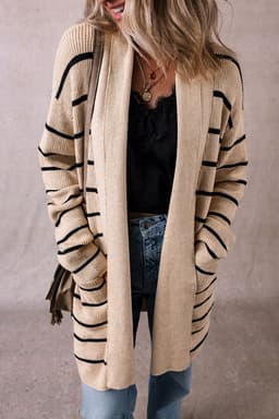 image-Black Stripe Shawl Neckline Open Cardigan with Pockets