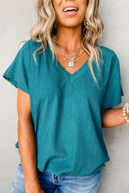 image-Blue Sapphire Crinkled V Neck T-shirt - Women's Fashion