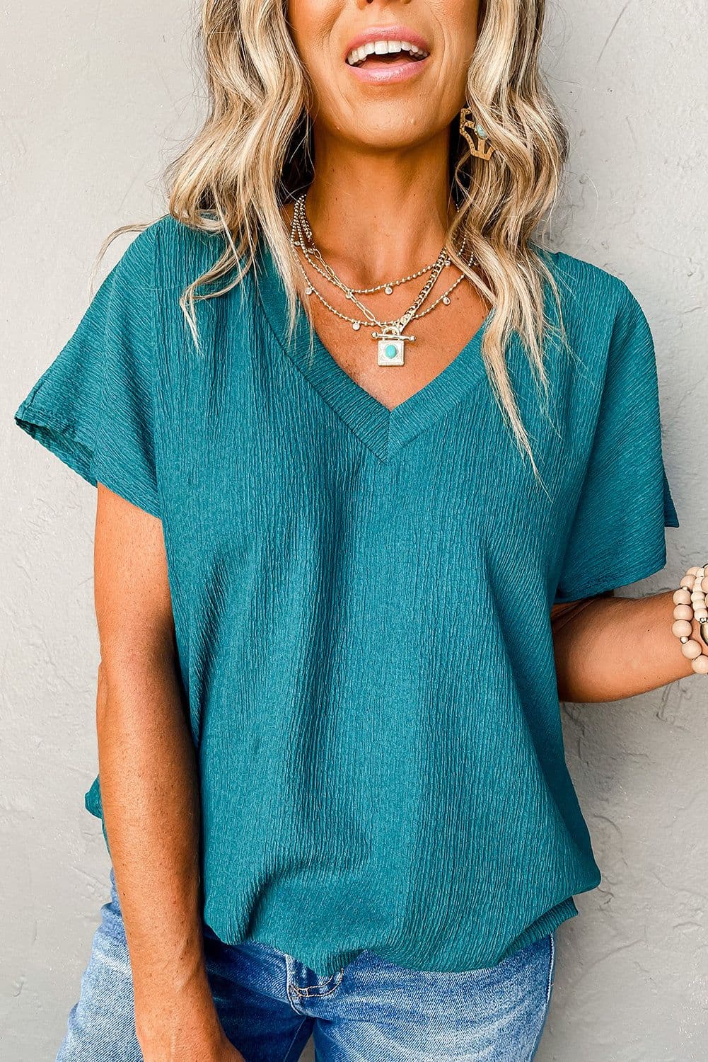 image-Blue Sapphire Crinkled V Neck T-shirt - Women's Fashion