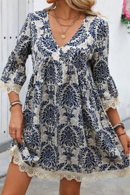 image-Vintage Printed Lace Trim V Neck 3/4 Sleeve Dress - Sky Blue