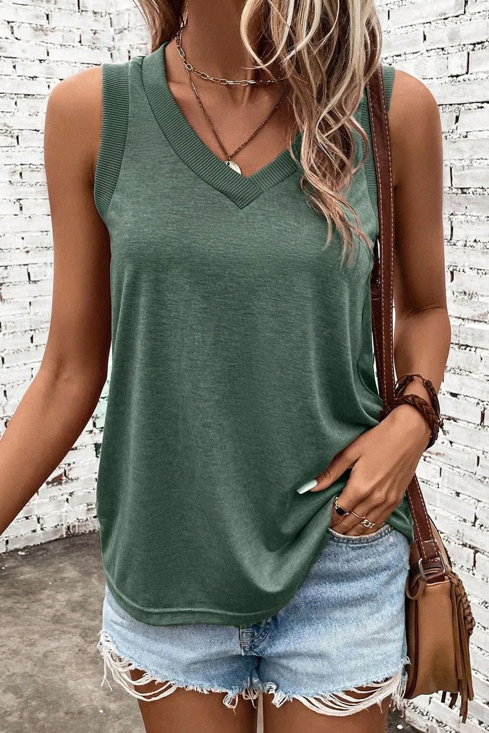 image-Mist Green Ribbed V Neck Tank
