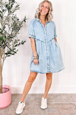 image-Beau Blue Mineral Wash Ruffled Denim Dress
