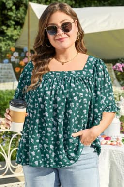 image-Plus Size Floral Print Blouse - Green Ruffled Square Neck