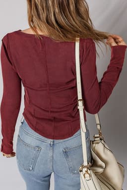 image-Burgundy Exposed Seam Ribbed Long Sleeve Top