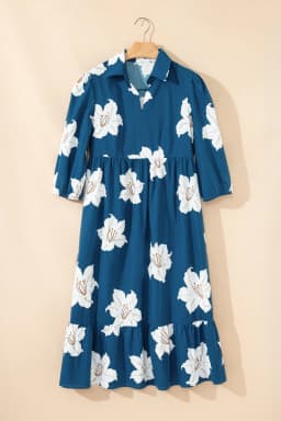 image-Blue Floral Print Shirt Collar V Neck 3/4 Sleeve Shift Midi Dress