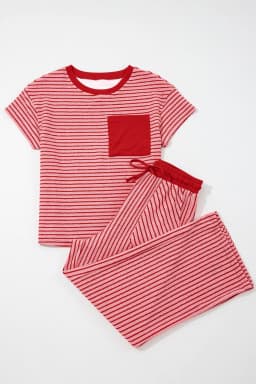 image-Khaki Stripe Crew Neck Tee Drawstring Waist Cropped Pants Set
