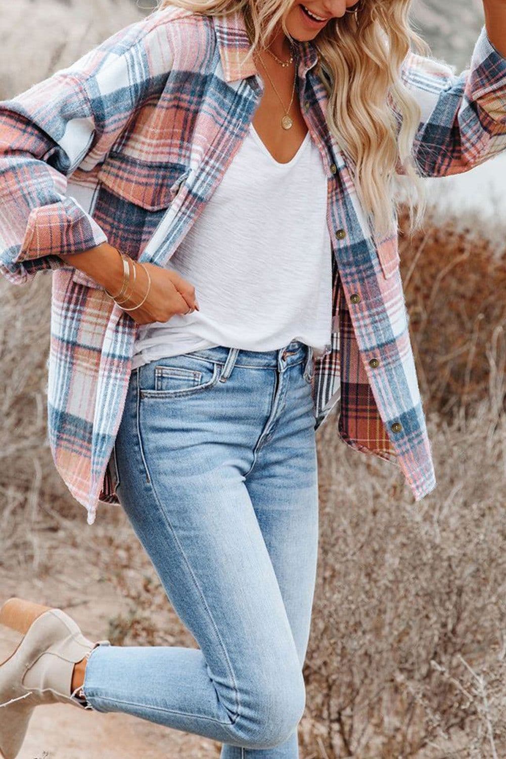 image-Shacket with Pink/Black Plaid Flap Pockets - Chic Style, Loose Fit (65 characters)