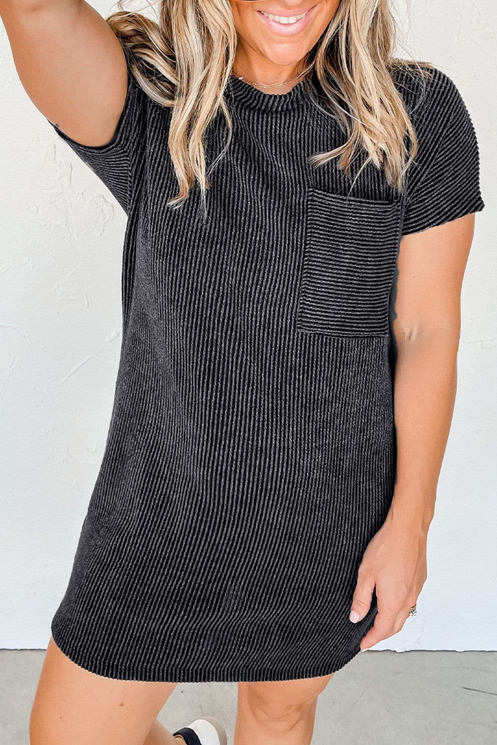 image-Blue Striped Ribbed Knit T-Shirt Shift Dress, Size Chart, Loose Fit, Fashionable Patch Pocket