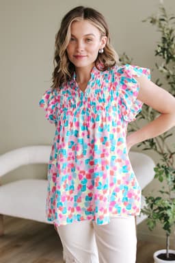 image-Sky Blue Abstract Printed Ruffled Blouse - Shirred Yoke Design