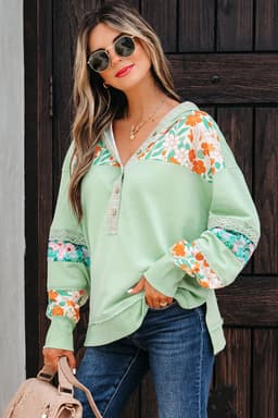 image-Lace Floral Patchwork Half Button Hooded Pullover - Aqua