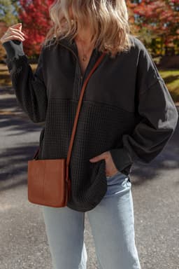 image-Carbon Grey Waffle Knit Half Zip Sweatshirt