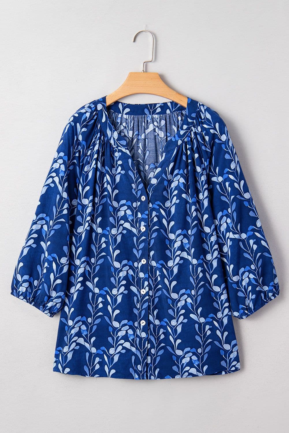 image-Blue Botanical Print Bracelet Sleeve Notched Neck Blouse