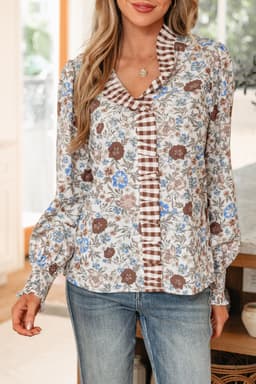 image-Brown Plaid Frilled Trim V Neck Floral Long Sleeve Blouse
