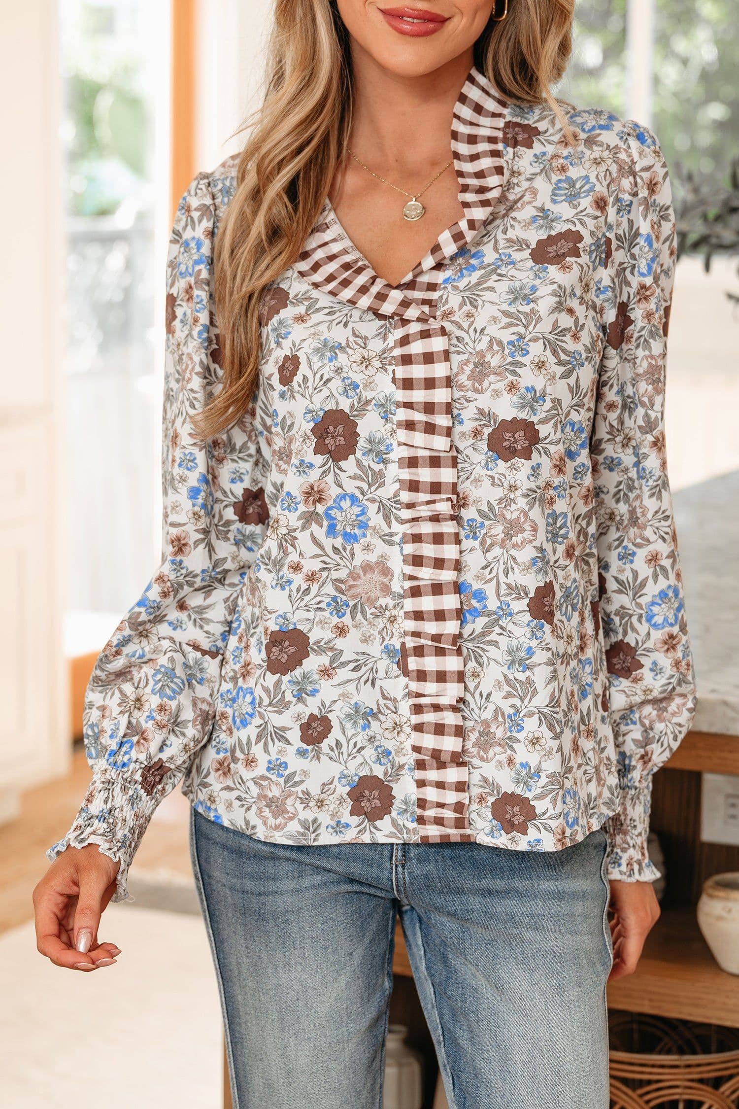 image-Brown Plaid Frilled Trim V Neck Floral Long Sleeve Blouse