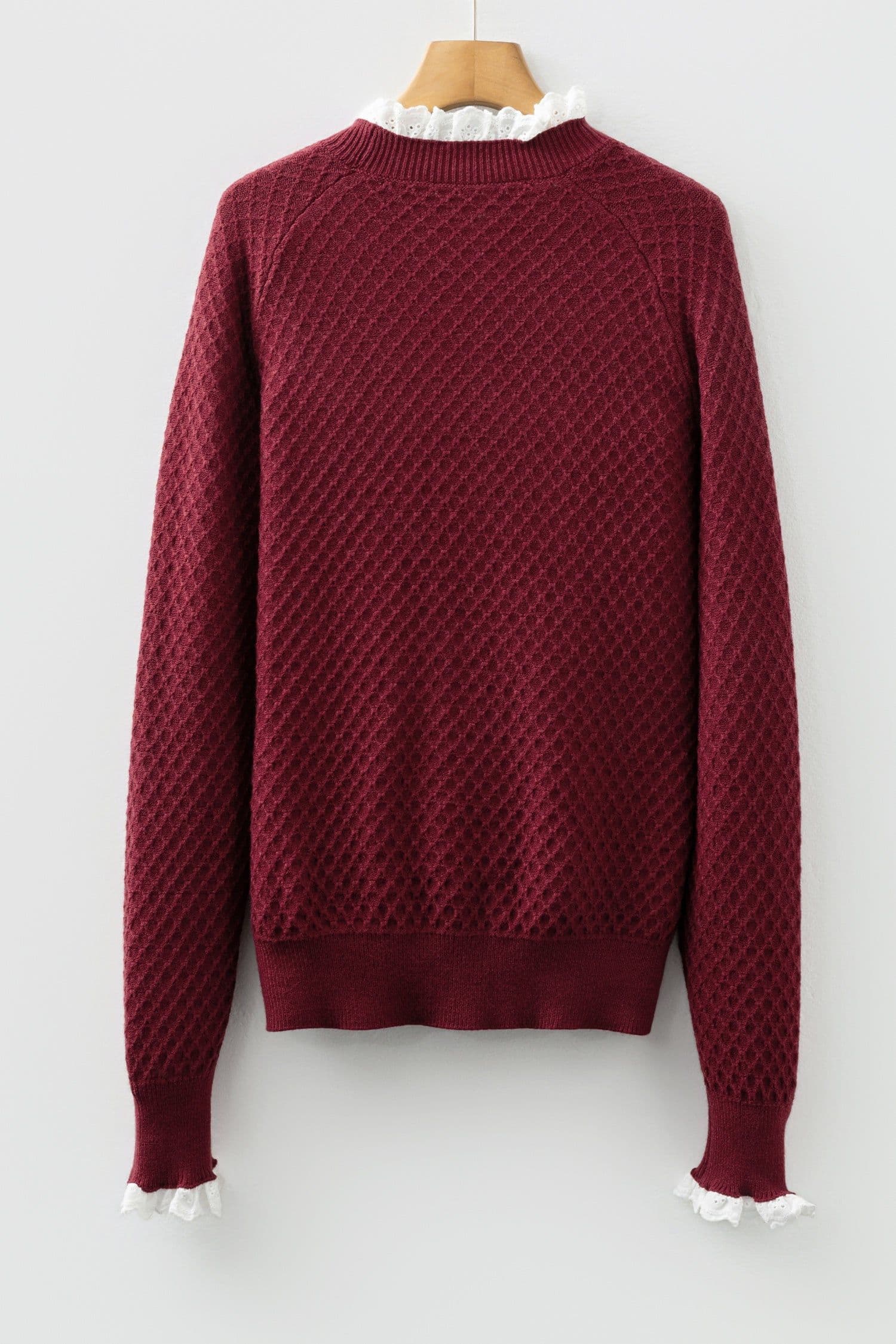 image-Burgundy Contrast Lace Frilled Trim Raglan Sleeve Sweater