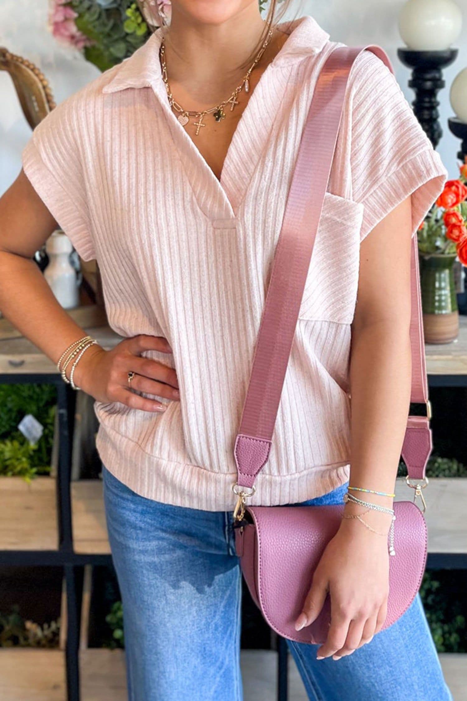 image-Light Pink Collared V Neck Ribbed Tee