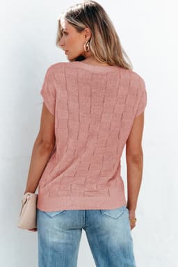 image-Pink Lattice Textured Knit Short Sleeve Sweater - Sizes S-3XL