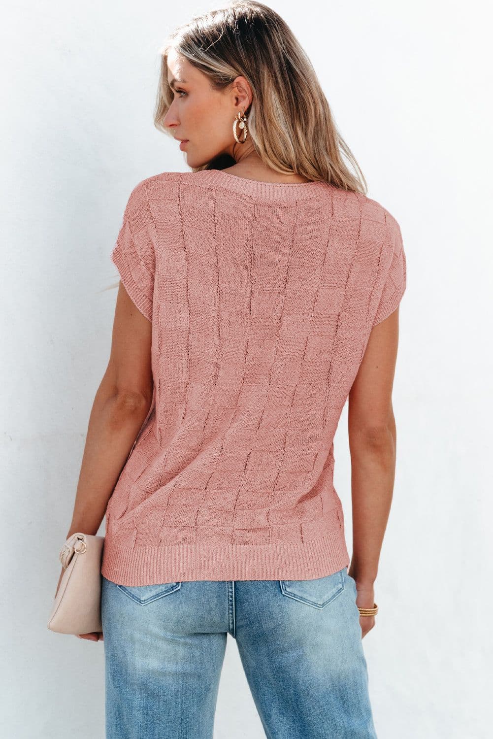 image-Pink Lattice Textured Knit Short Sleeve Sweater - Sizes S-3XL