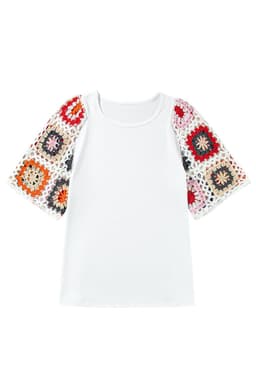 image-White Floral Crochet Top - Short Sleeve, Chic Round Neck, Relaxed Fit