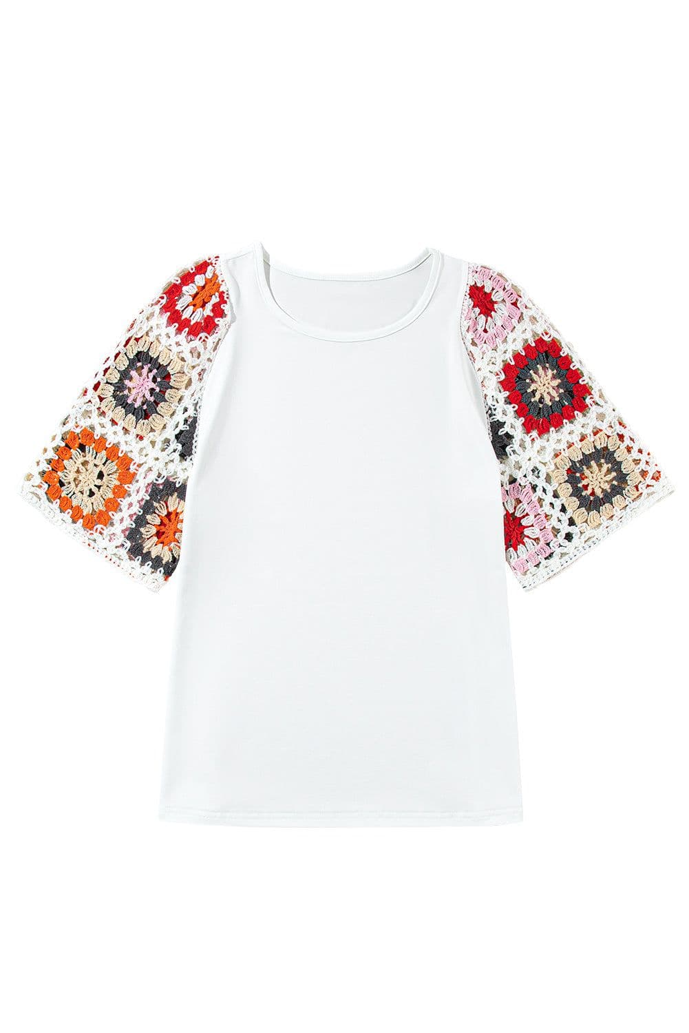image-White Floral Crochet Top - Short Sleeve, Chic Round Neck, Relaxed Fit