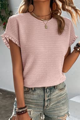 image-Light Pink Ruffled Short Sleeve Blouse - Solid Texture Elegant Design