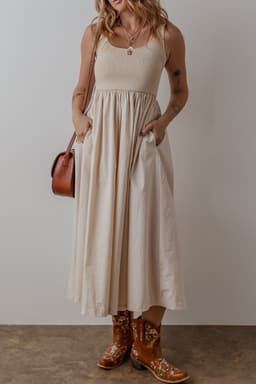 image-Beige Scoop Neck Ribbed Bodice Pleated Sleeveless Long Dress