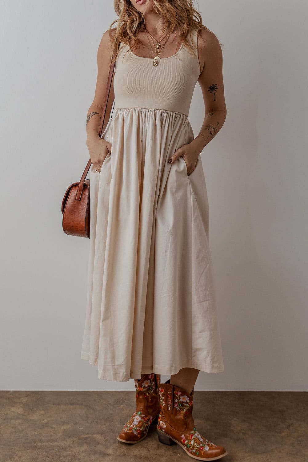 image-Beige Scoop Neck Ribbed Bodice Pleated Sleeveless Long Dress
