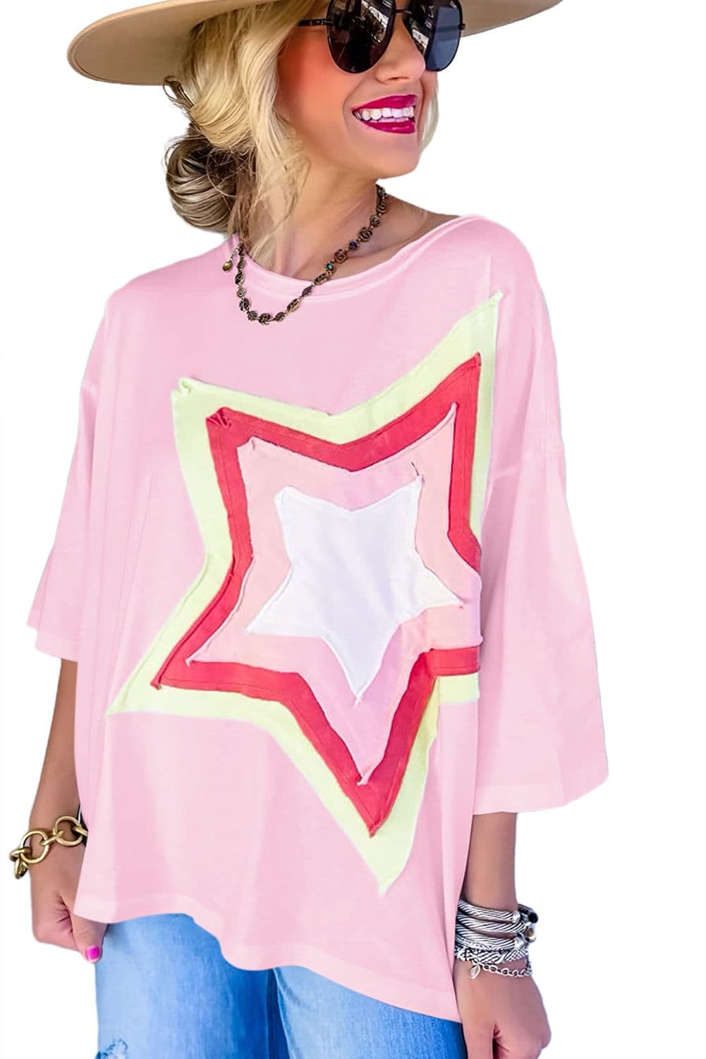image-Moonlight Jade Colorblock Star Patched Half Sleeve Tee