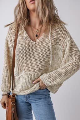 image-Jet Stream Hollow-out Kangaroo Pocket V Neck Hooded Sweater