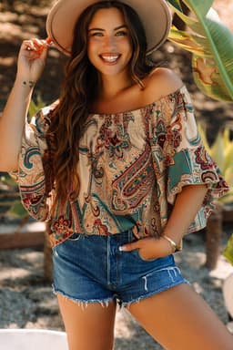 image-Apricot Paisley Off Shoulder Blouse - Ruffled Sleeves