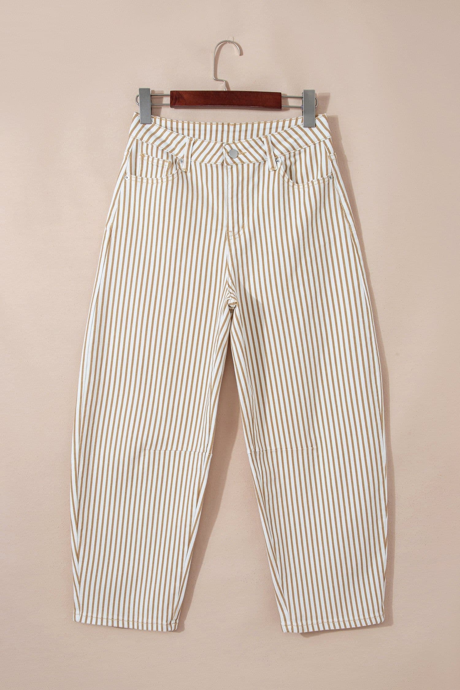 image-Khaki Stripe Casual Barrel Jeans - Striped Denim Pants
