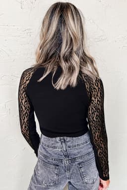 image-Black Leopard Mesh Patchwork Knit Long Sleeve Top