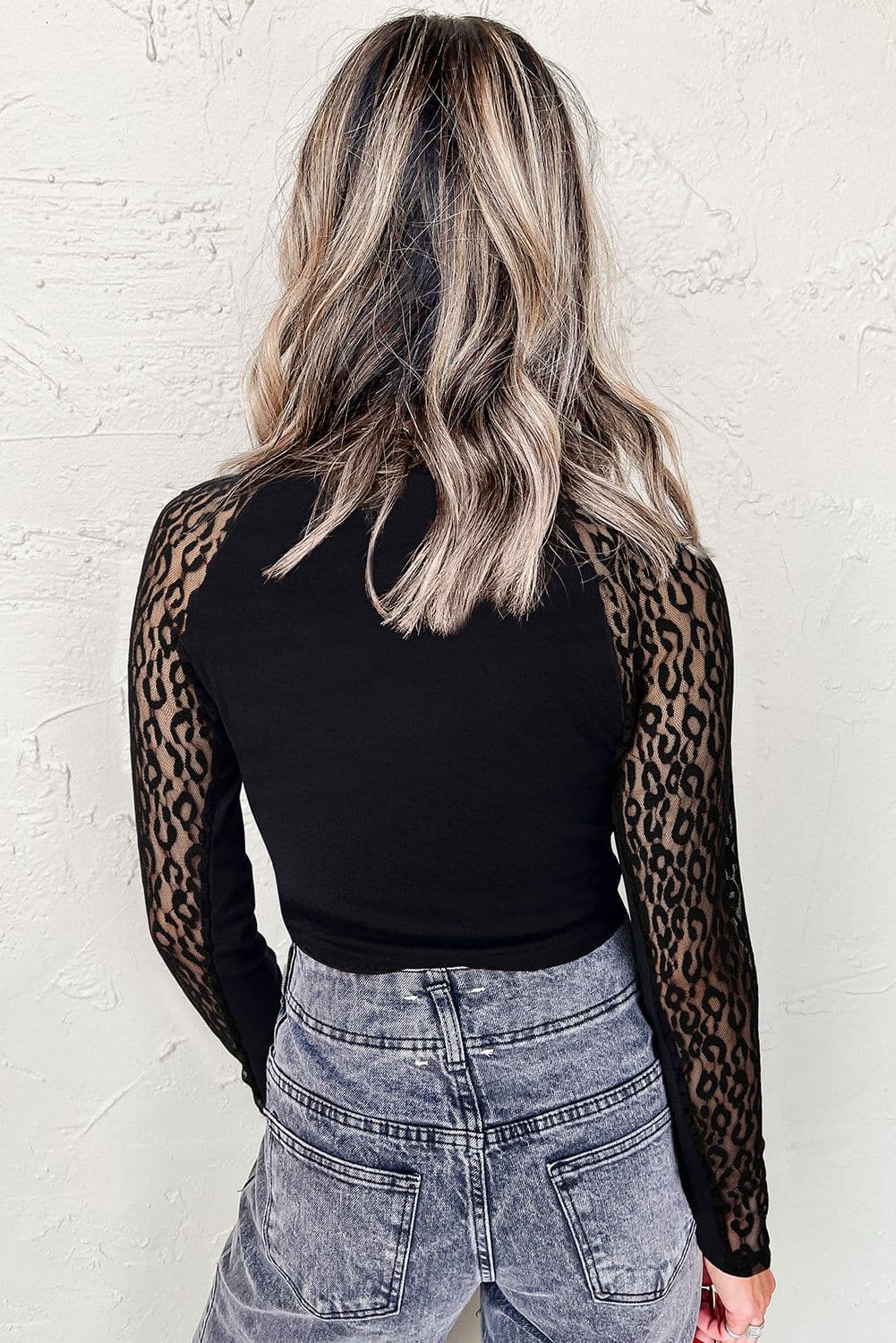 image-Black Leopard Mesh Patchwork Knit Long Sleeve Top