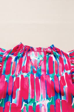 image-Rose Abstract Brush Print Ruffled Sleeve V Neck Blouse